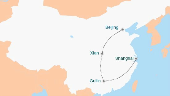 China Guided Tour Map Guilin to Shanghai