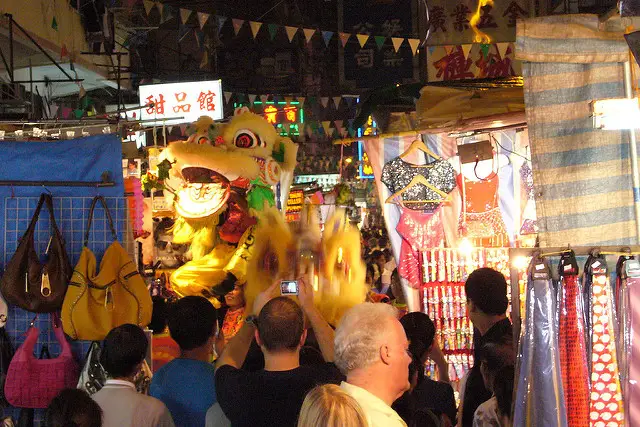 Lion Dancers at Temple Street Market in Hong Kong